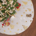 Plush Christmas tree shaped floor mat in red and green, shown in a festive living room setting.