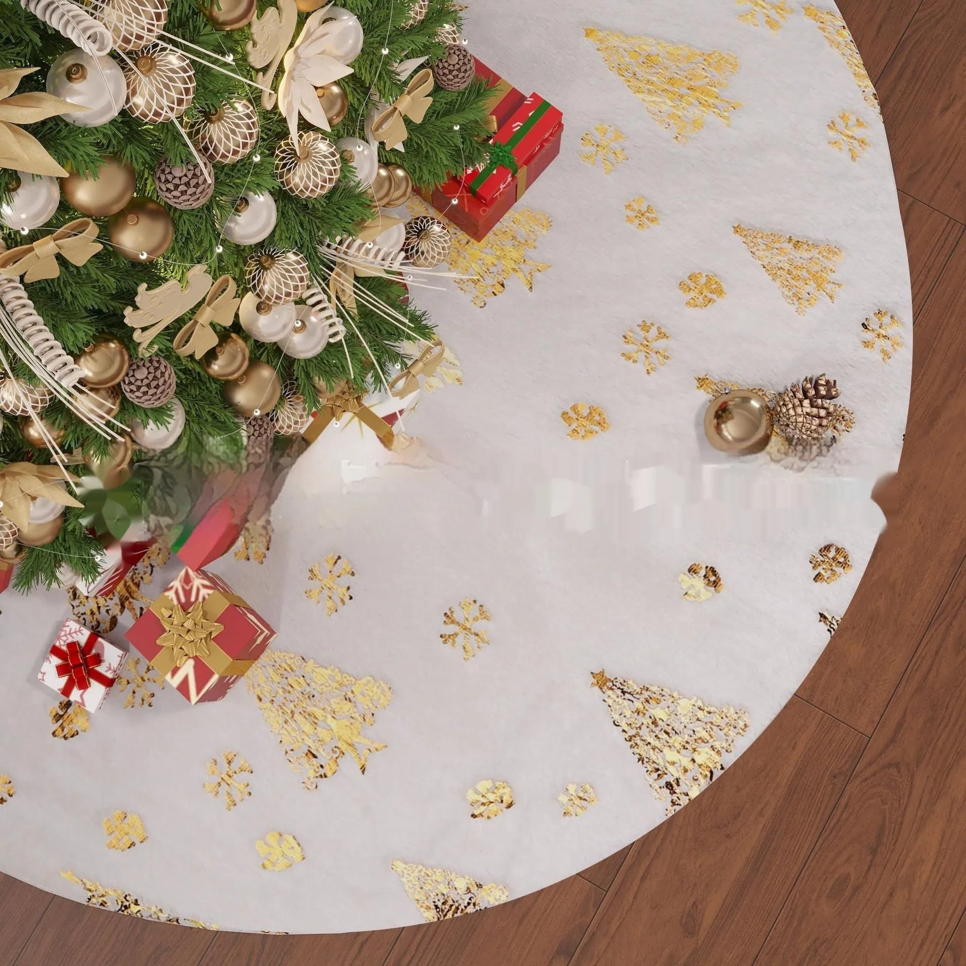 Plush Christmas tree shaped floor mat in red and green, shown in a festive living room setting.