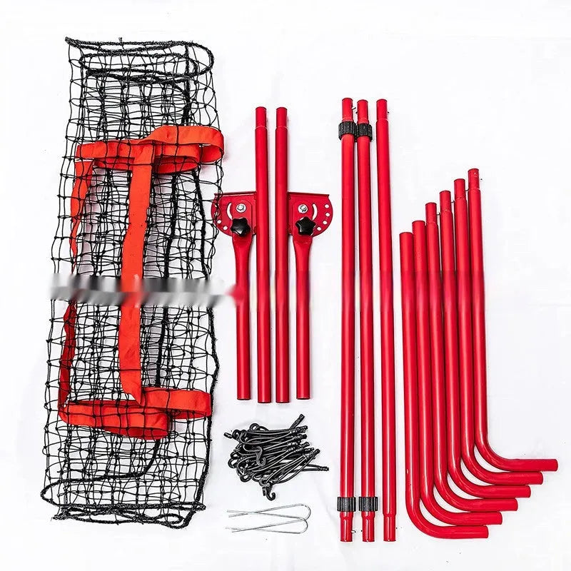 Red portable baseball training net with metal frame measuring 4x6FT