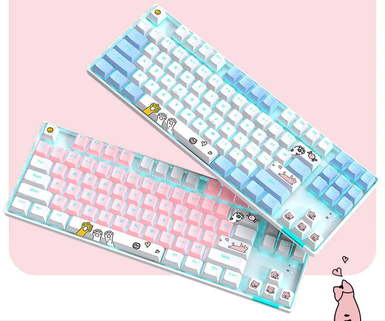 87 key RGB mechanical keyboard with green axis switches, metal panel, two-color key caps, USB cable and optional cotton hand rest