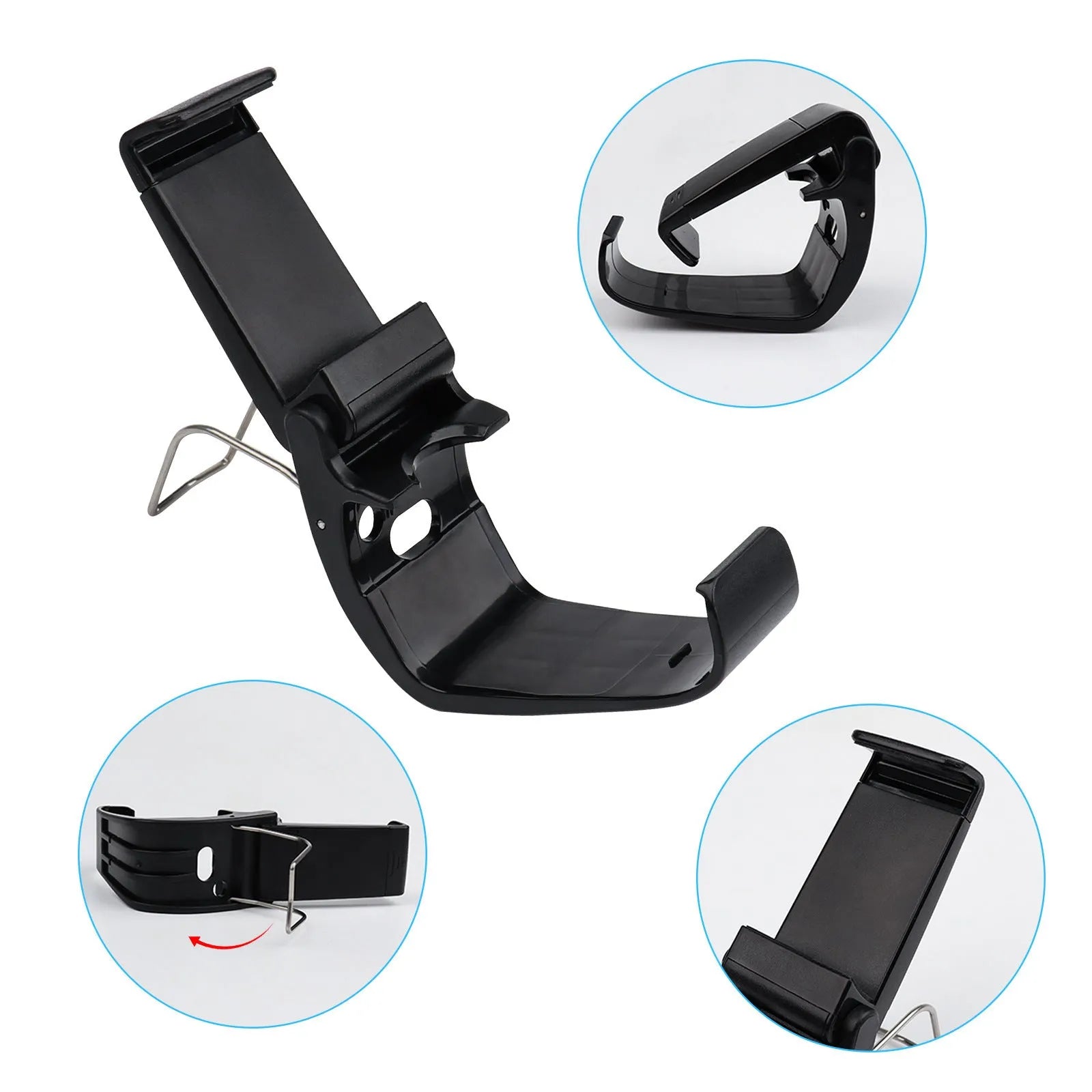 Black XSX mobile game clip bracket attached to an Xbox Series controller, showing ABS construction and compact size.
