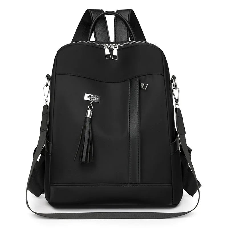 Large capacity black PU commute backpack with three-dimensional pockets and soft construction