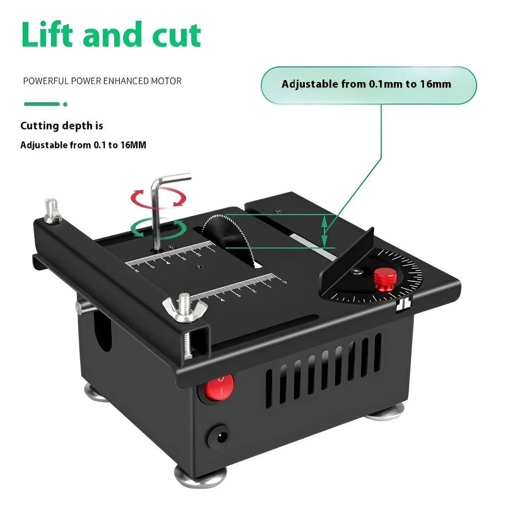 Cordless lithium ion handheld micro desktop saw on a workbench.