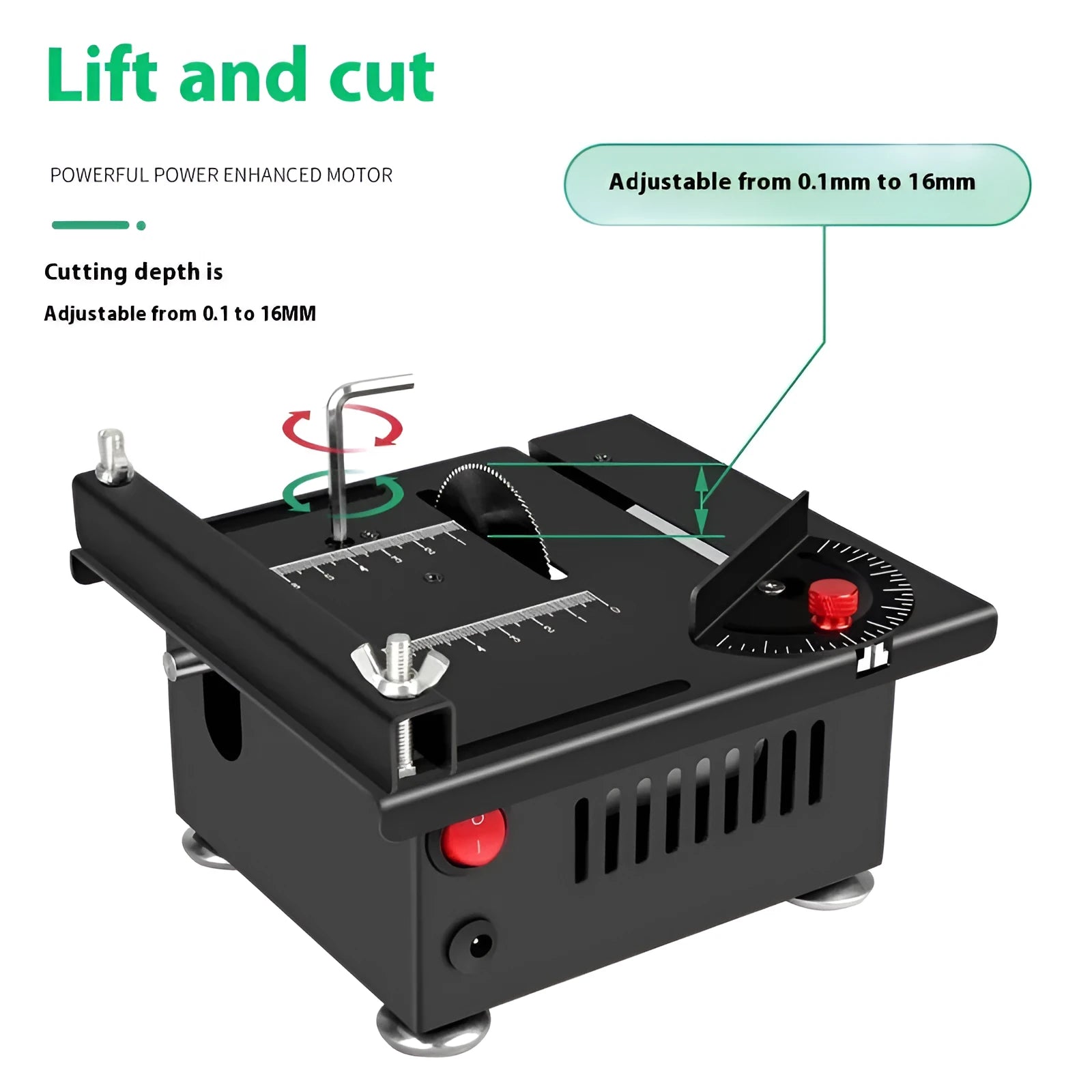 Cordless lithium ion handheld micro desktop saw on a workbench.