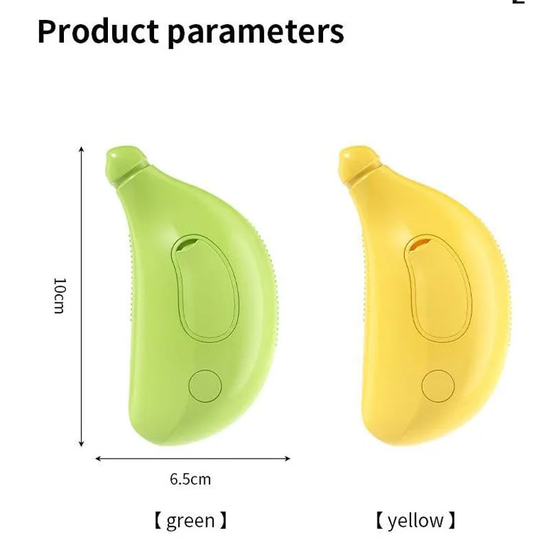 Green rechargeable cat steam brush with cat paw design showing detangling teeth and massage functions