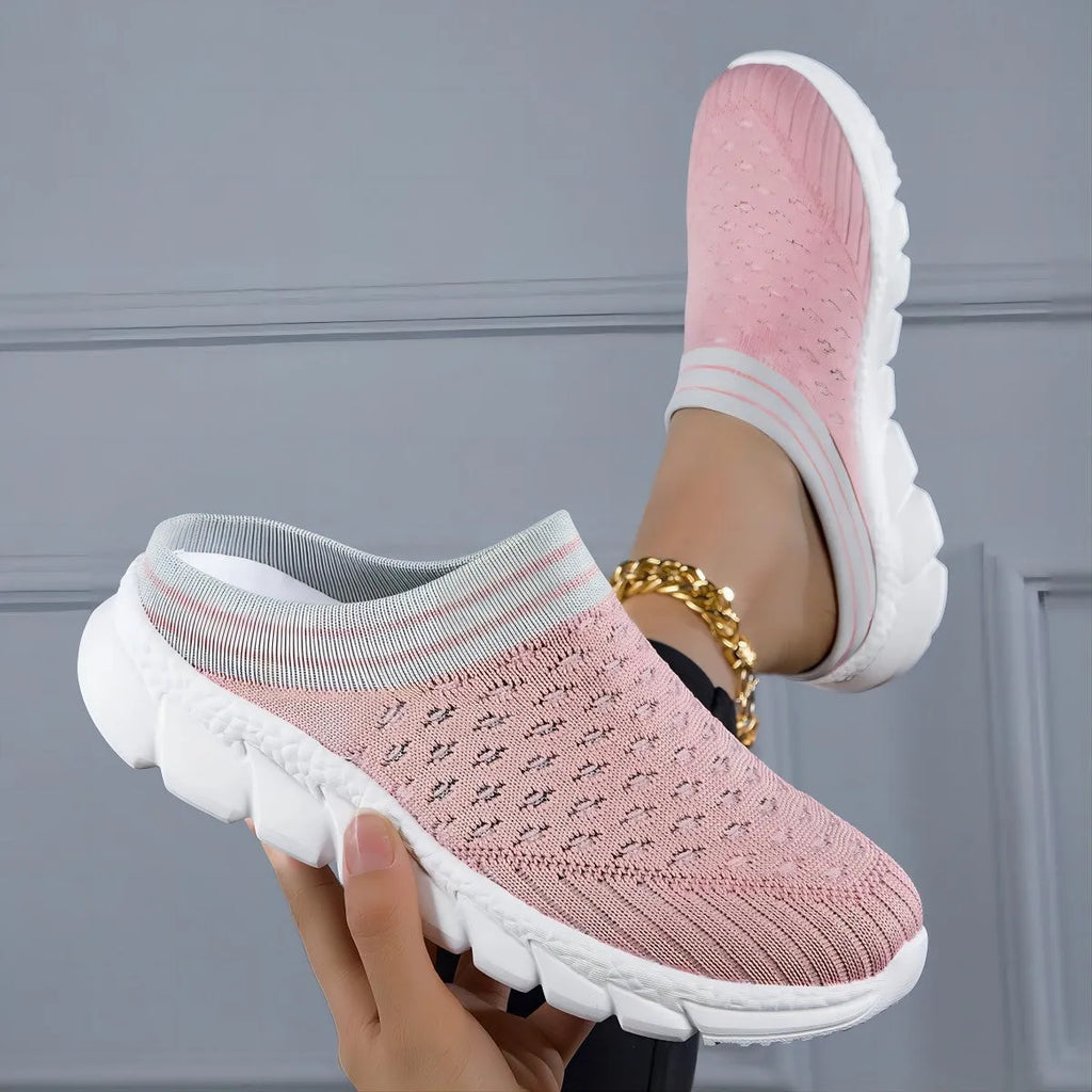Women's black striped Flyknit casual slipper shoes with hollowed-out design and height increasing sole.