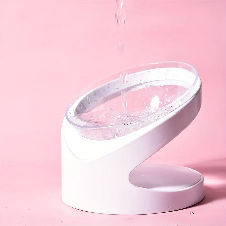 White elevated cat food bowl with ergonomic anti-vomit tilt design