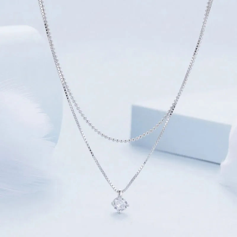 S925 sterling silver necklace with double-layer pearl chain design in silver colour