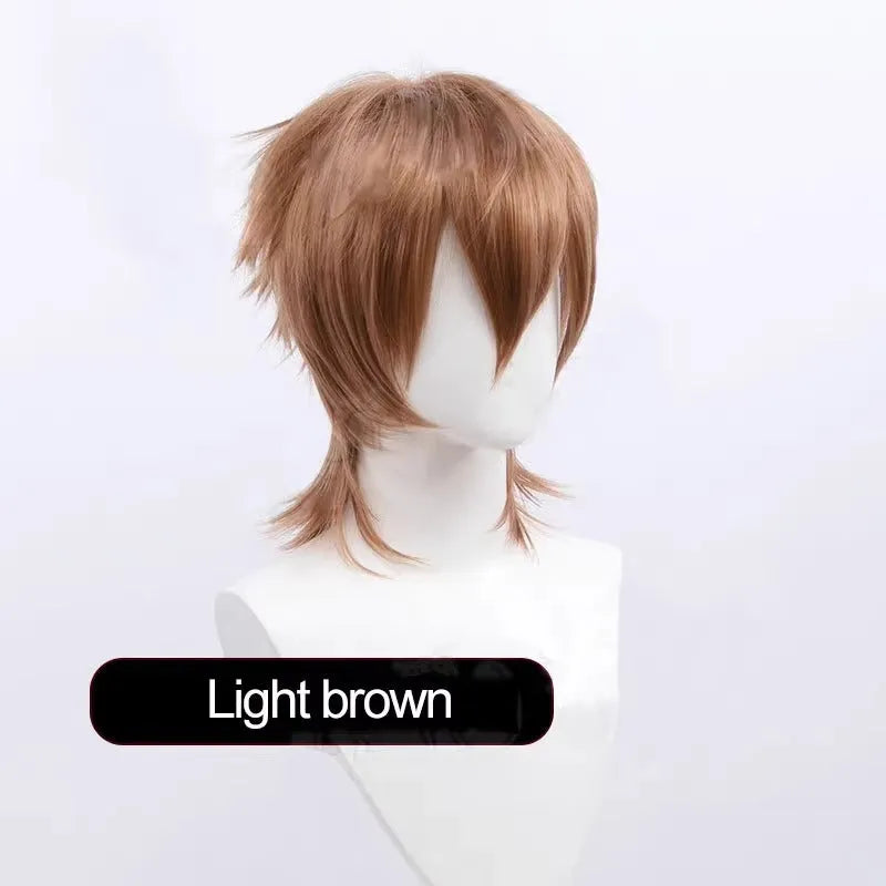 Short black anime cosplay wig with a lengthened hair tail on a mannequin head.