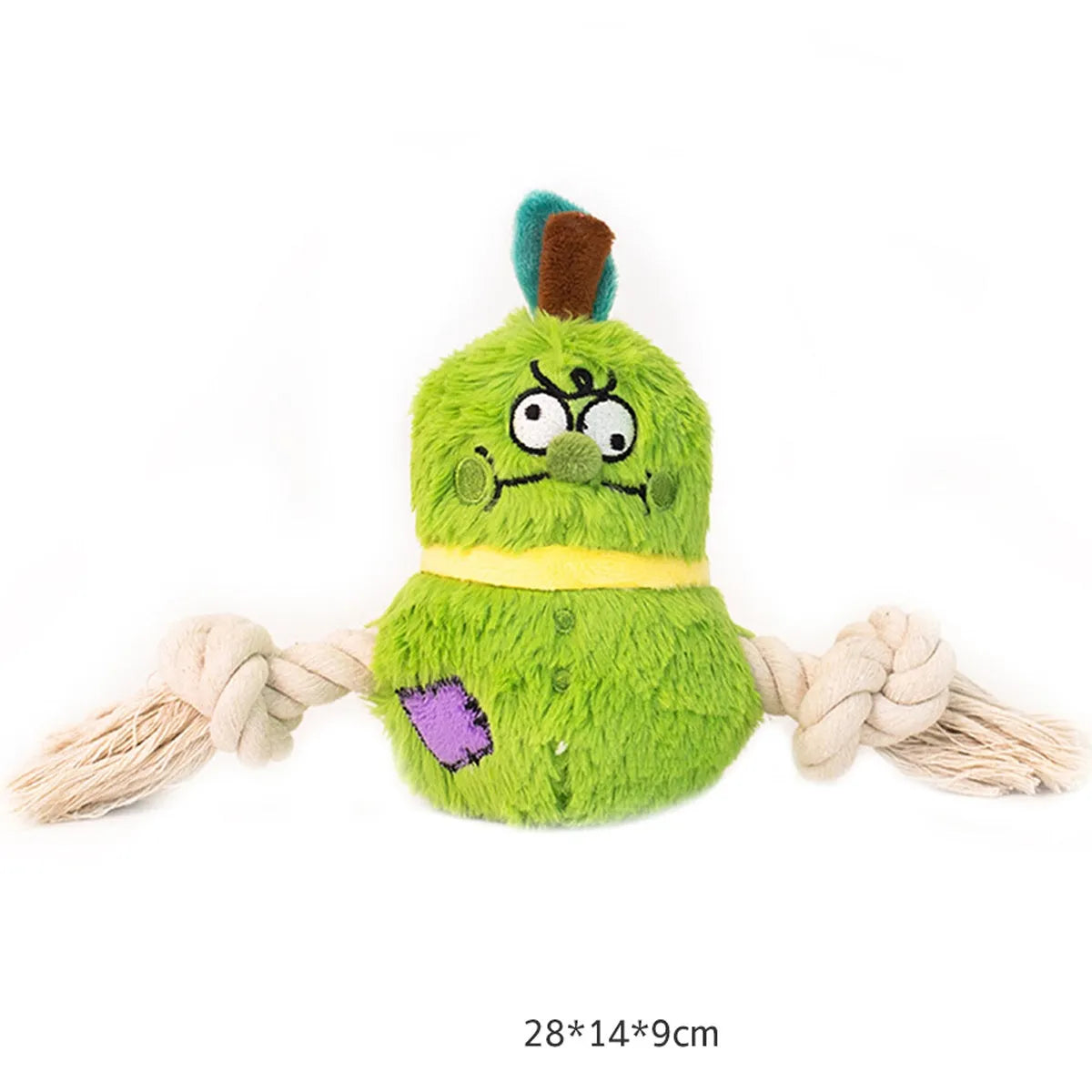 Green and purple interactive dog toy with plush rope knot for tug-of-war and dental cleaning features