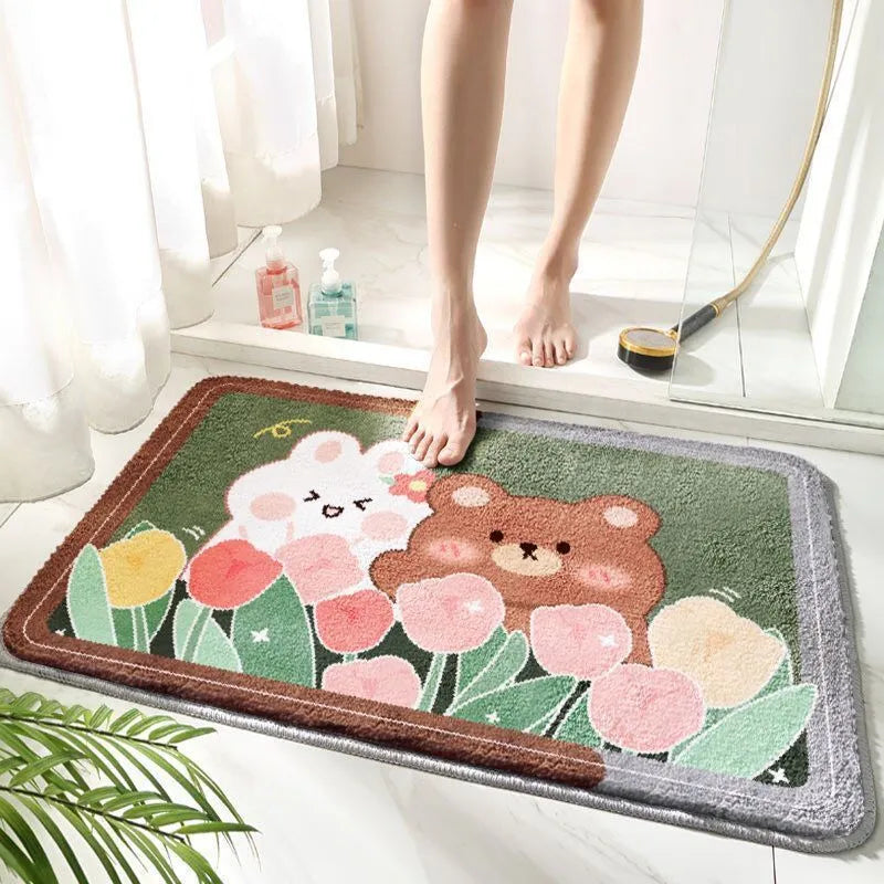 Cartoon non-slip bathroom mat with fountain whale pattern in polyester fibre