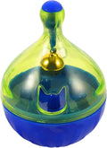 Grey tumbler-shaped interactive pet treat dispenser ball on a wooden floor.