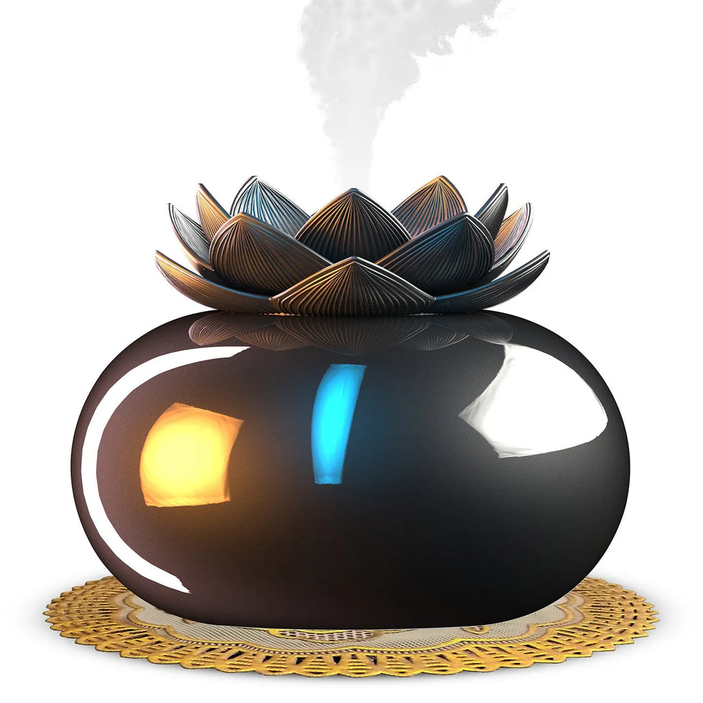 Pure black Lotus ultrasonic aromatherapy humidifier with USB connection and round design