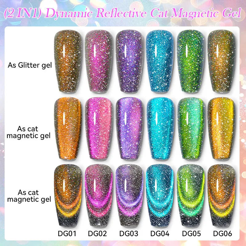 Diamond In The Debris Cat Eye Series UV Gel Nail Polish bottle in one of six glittery colours with nail glue.