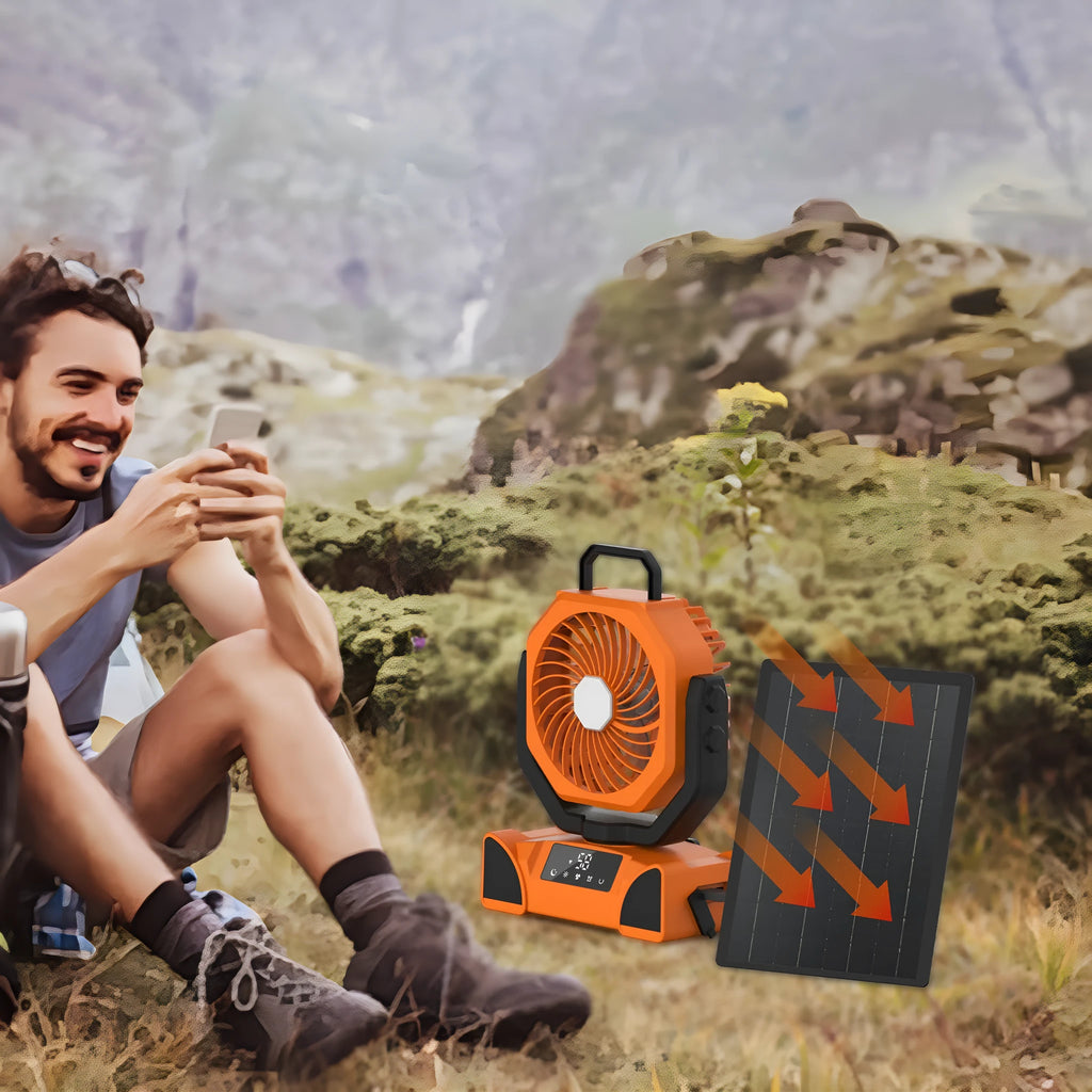 Portable rechargeable fan with remote control, shaking head, light and mobile power in F6 orange, army green or black
