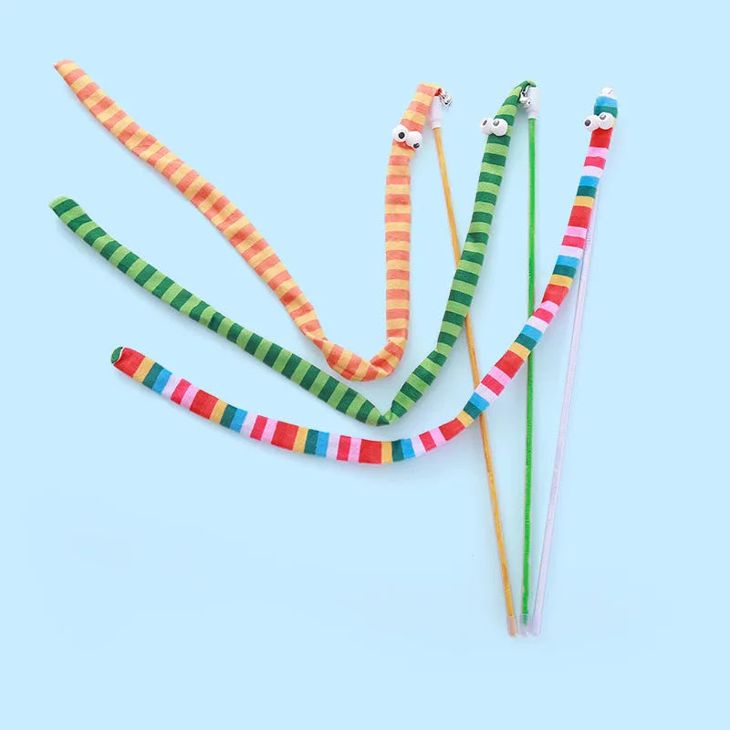 Cat wand toy with long plush strip teaser in green, orange, or rainbow colours.