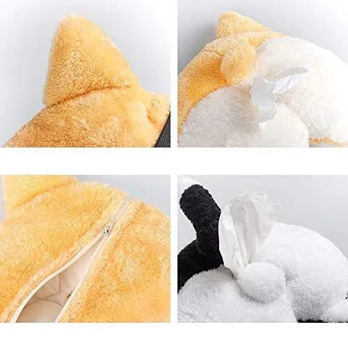 Yellow soft corgi butt shaped tissue box cover with elastic strap for hanging in car.