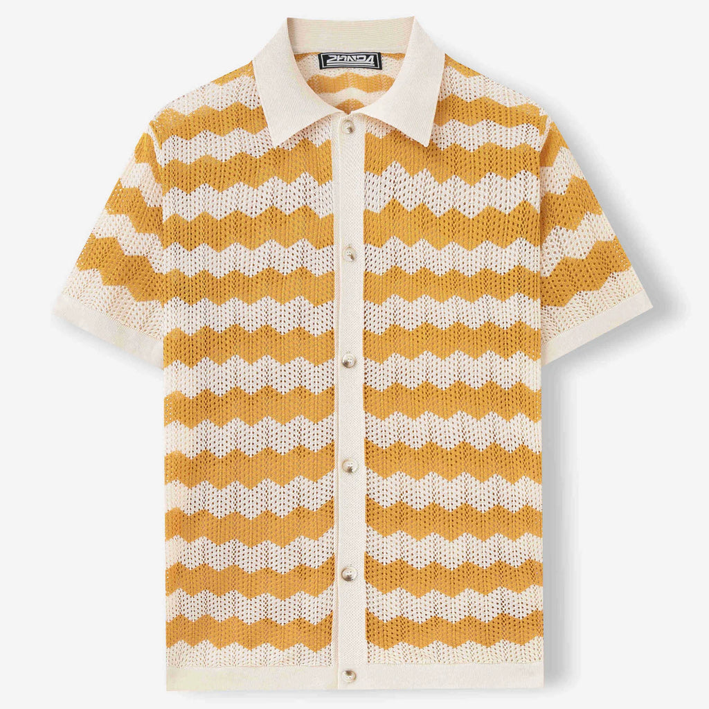 Man modelling a yellow short sleeve sweater with a textured corrugated jacquard pattern, suitable for summer.
