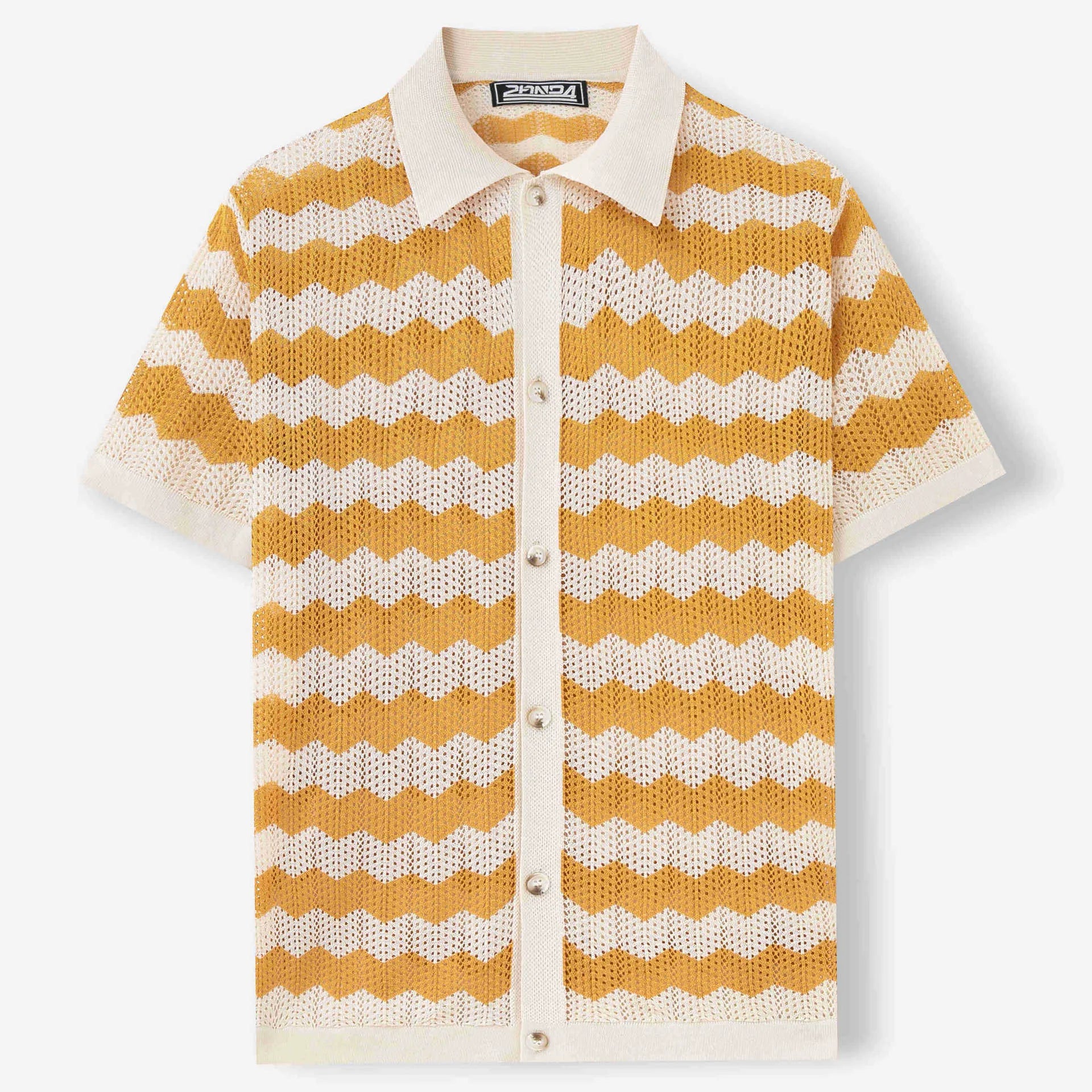 Man modelling a yellow short sleeve sweater with a textured corrugated jacquard pattern, suitable for summer.