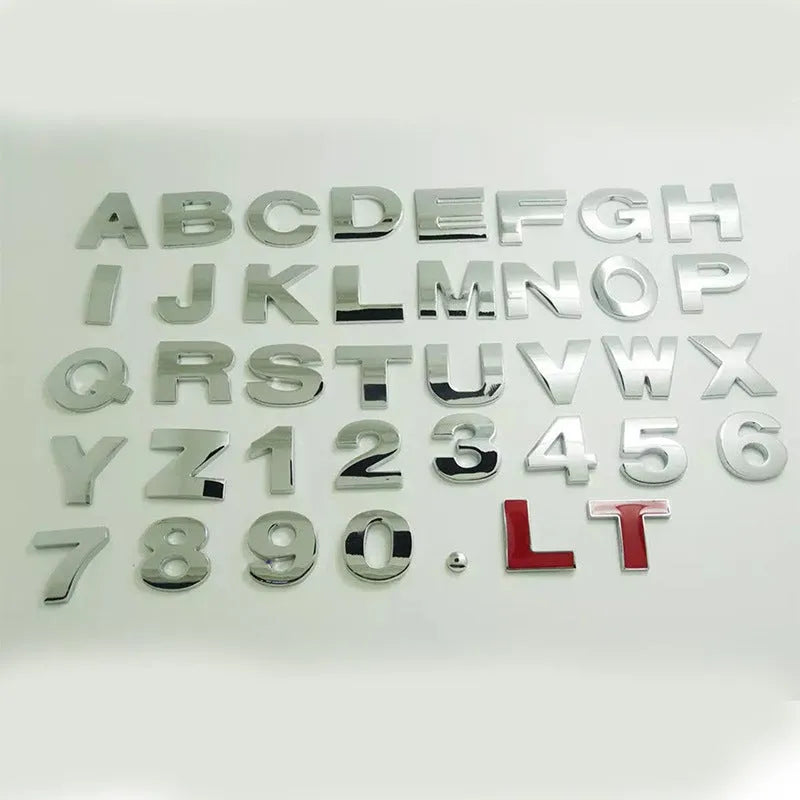 3D metal zinc alloy car bumper sticker letters in black and silver, showing raised 2.5cm design