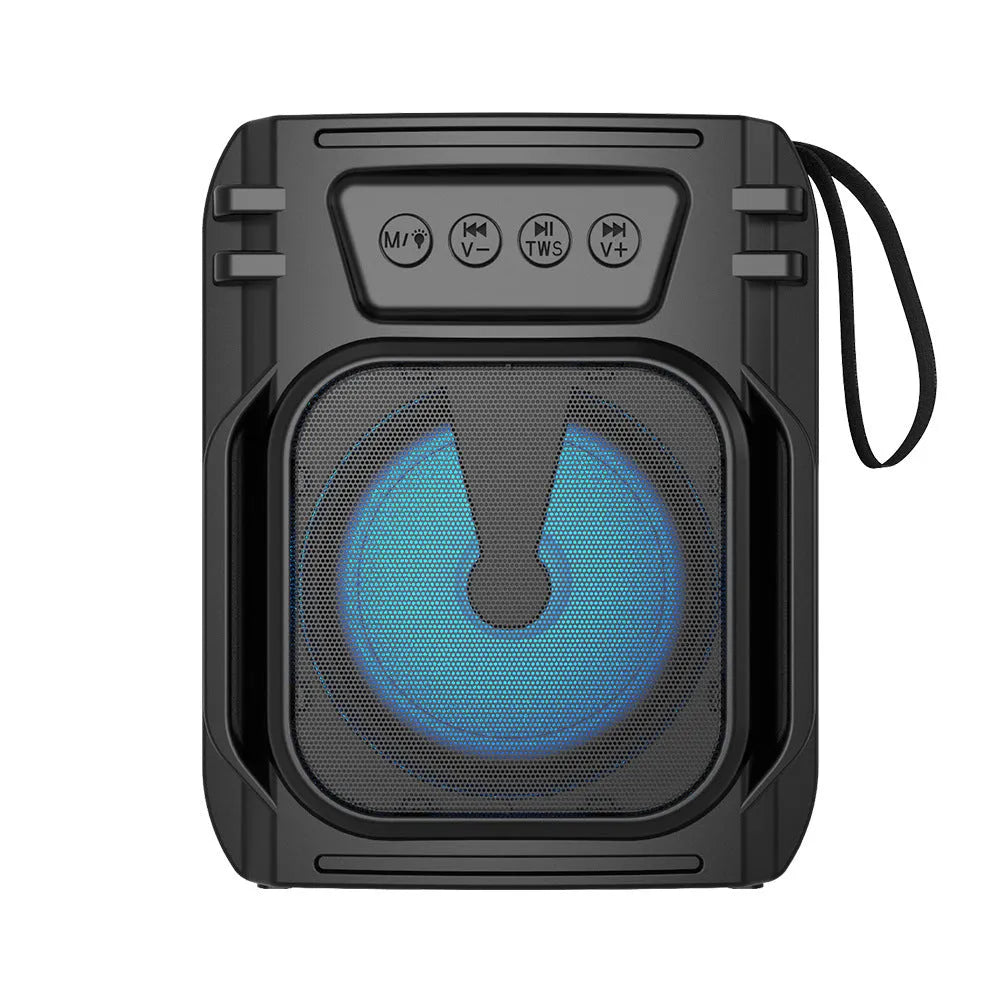 Portable Bluetooth speaker in colour 3107 with USB charging cable, dimensions 110mm by 87mm by 137mm.