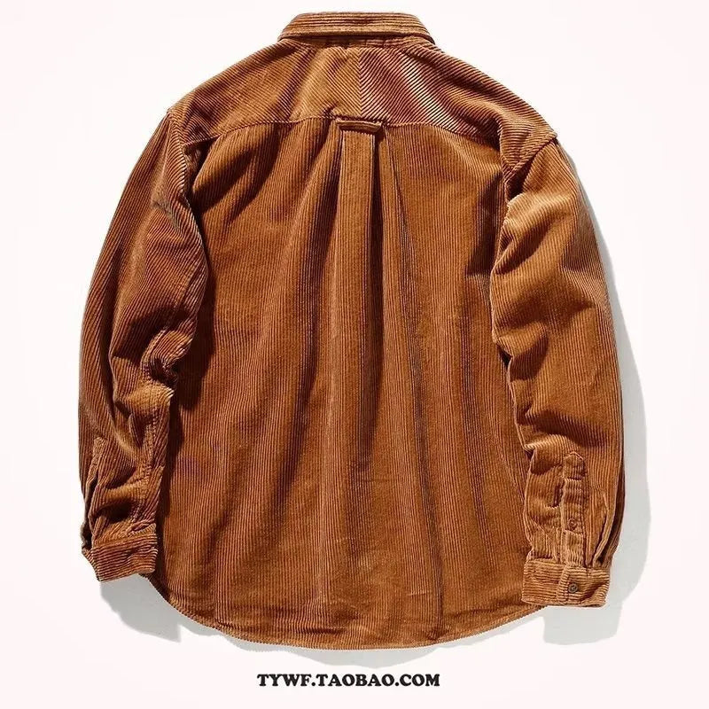Men's caramel corduroy Japanese style loose cardigan shirt on hanger