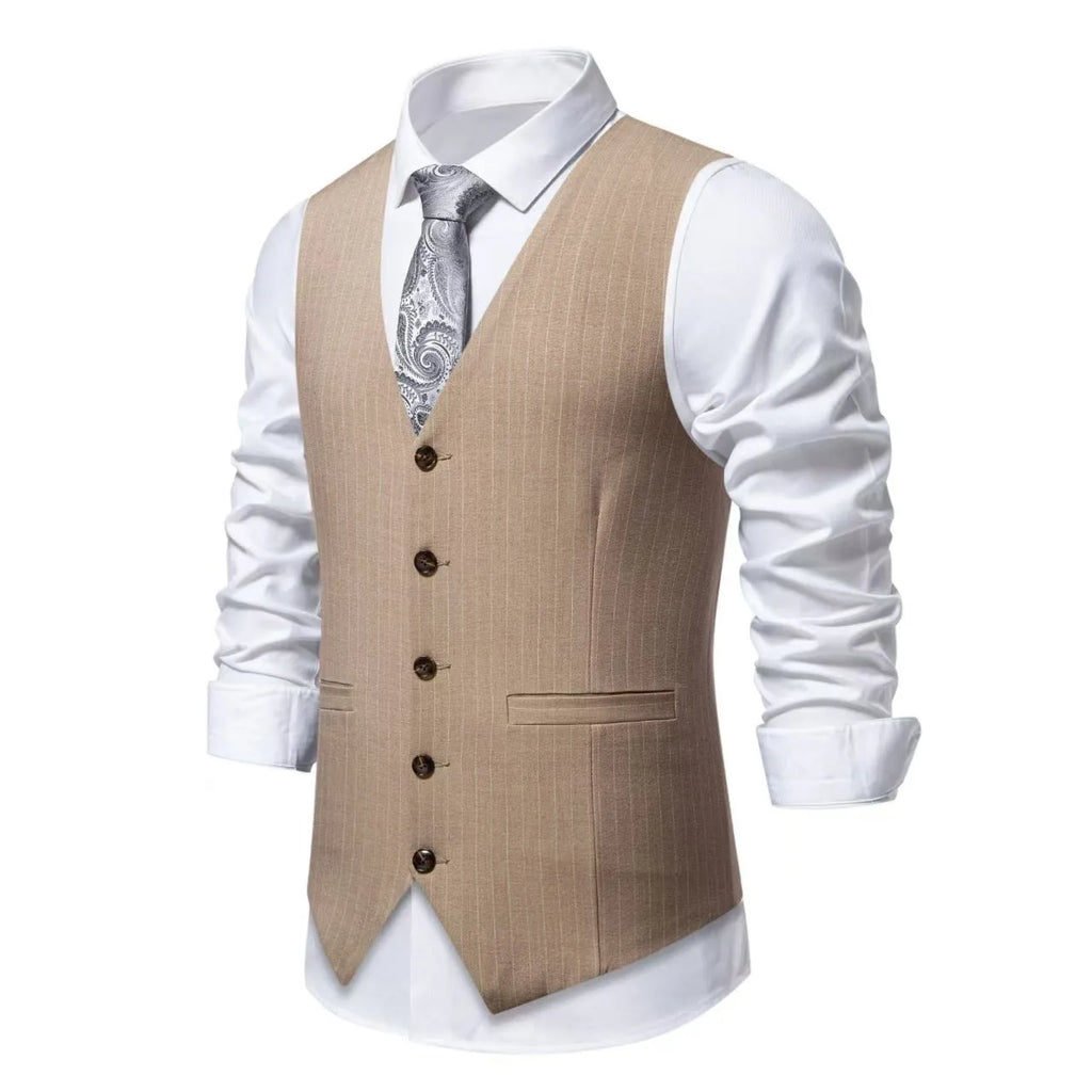 Men's striped suit vest in polyester with Miter bottom hem, shown in black, khaki, and red colour options.