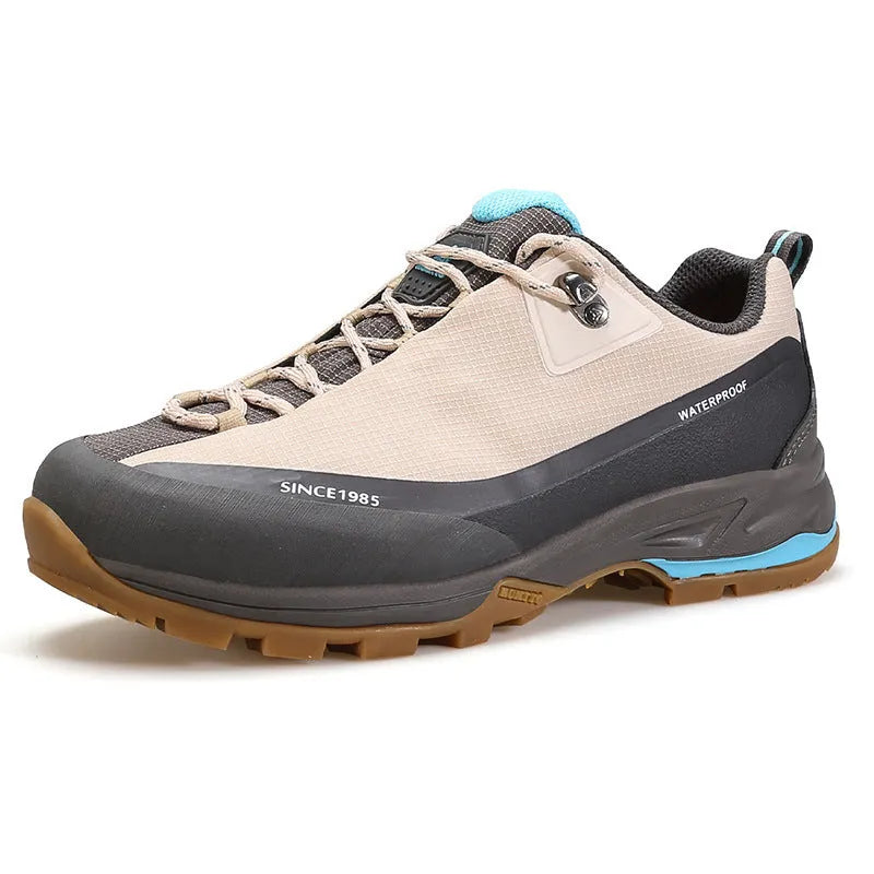 Men's leather mesh low-top mountain climbing shoes with round toe and non-slip rubber outsole