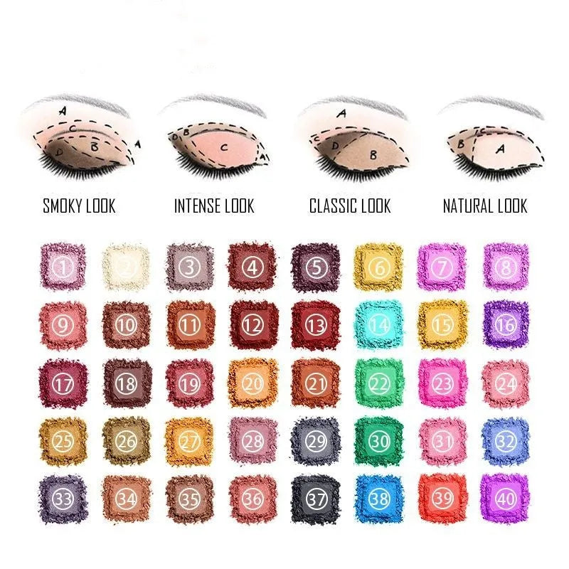 Shimmer matte eye shadow palette with eight shades including purple, blue, black, sky blue, caramel, watermelon red, cameo brown, and peacock blue