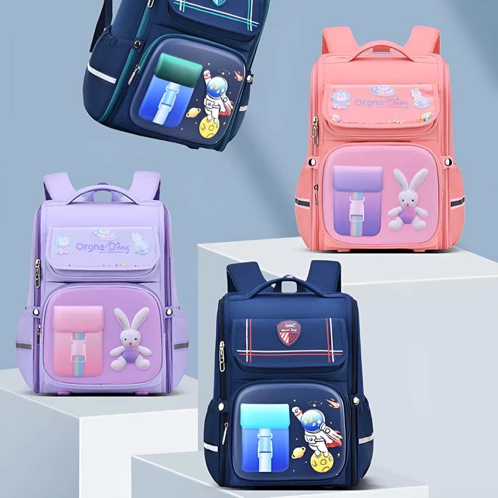 Children's cartoon animal print school backpack with airpillow straps, shown in Rabbit Pink colour.