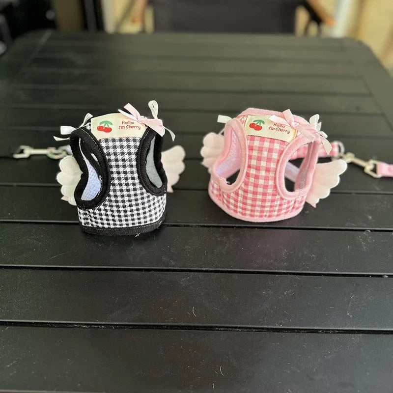 Pink cotton dog harness with chest and back connection points for small breed walking control
