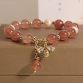 Women's strawberry quartz and freshwater pearl bracelet with zircon accents and alloy clasp