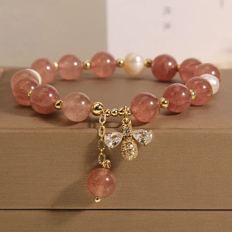 Women's strawberry quartz and freshwater pearl bracelet with zircon accents and alloy clasp