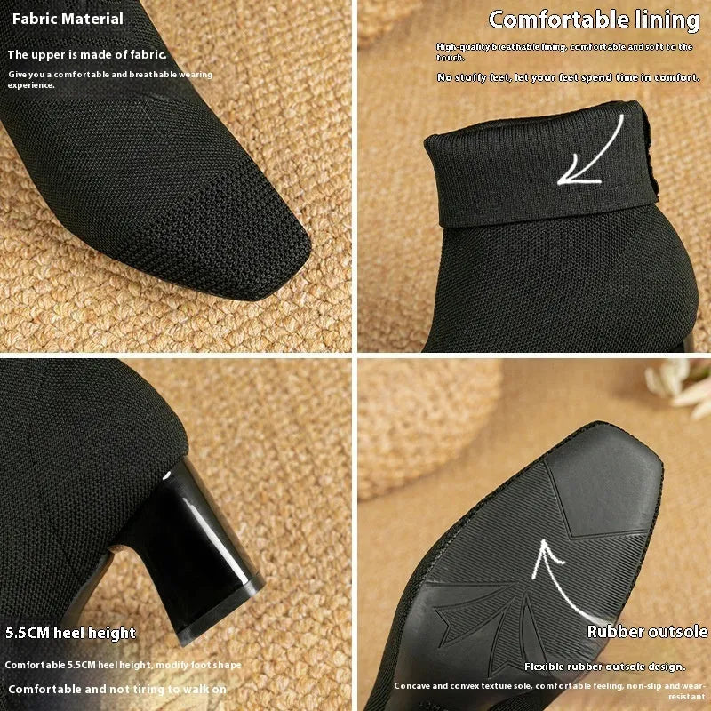 Women's knitted sock boots with chunky high heel and square toe, mid-calf length, shown in black