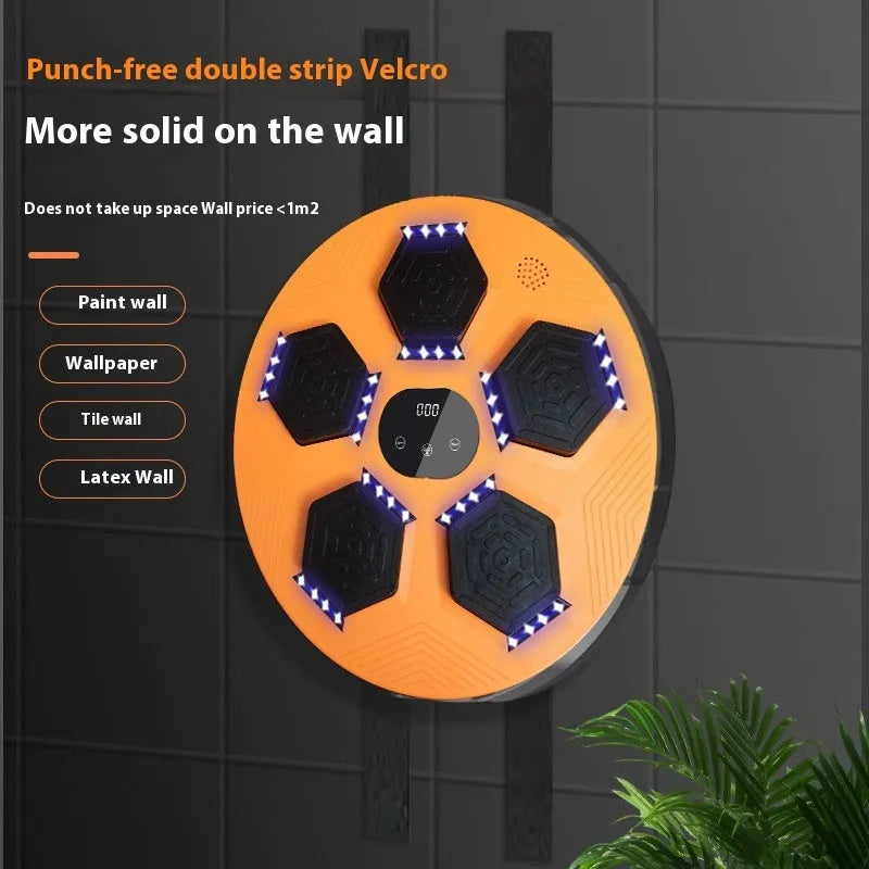Smart music-reactive boxing target hanging on a wall in a home gym setting.