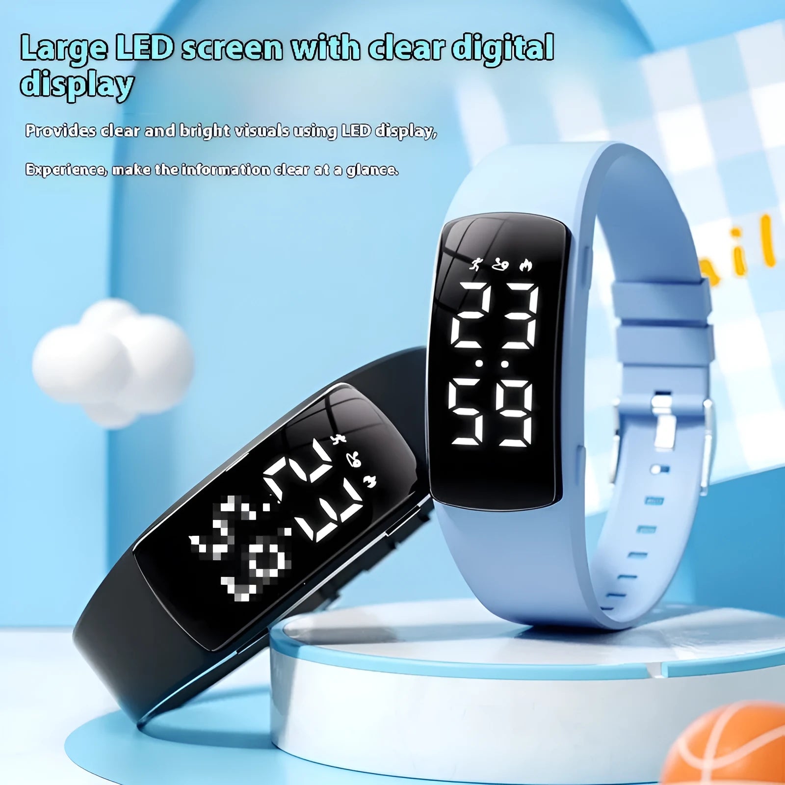 Vibration alarm clock smartwatch with a coloured silicone strap on a wrist, showing its LED display.