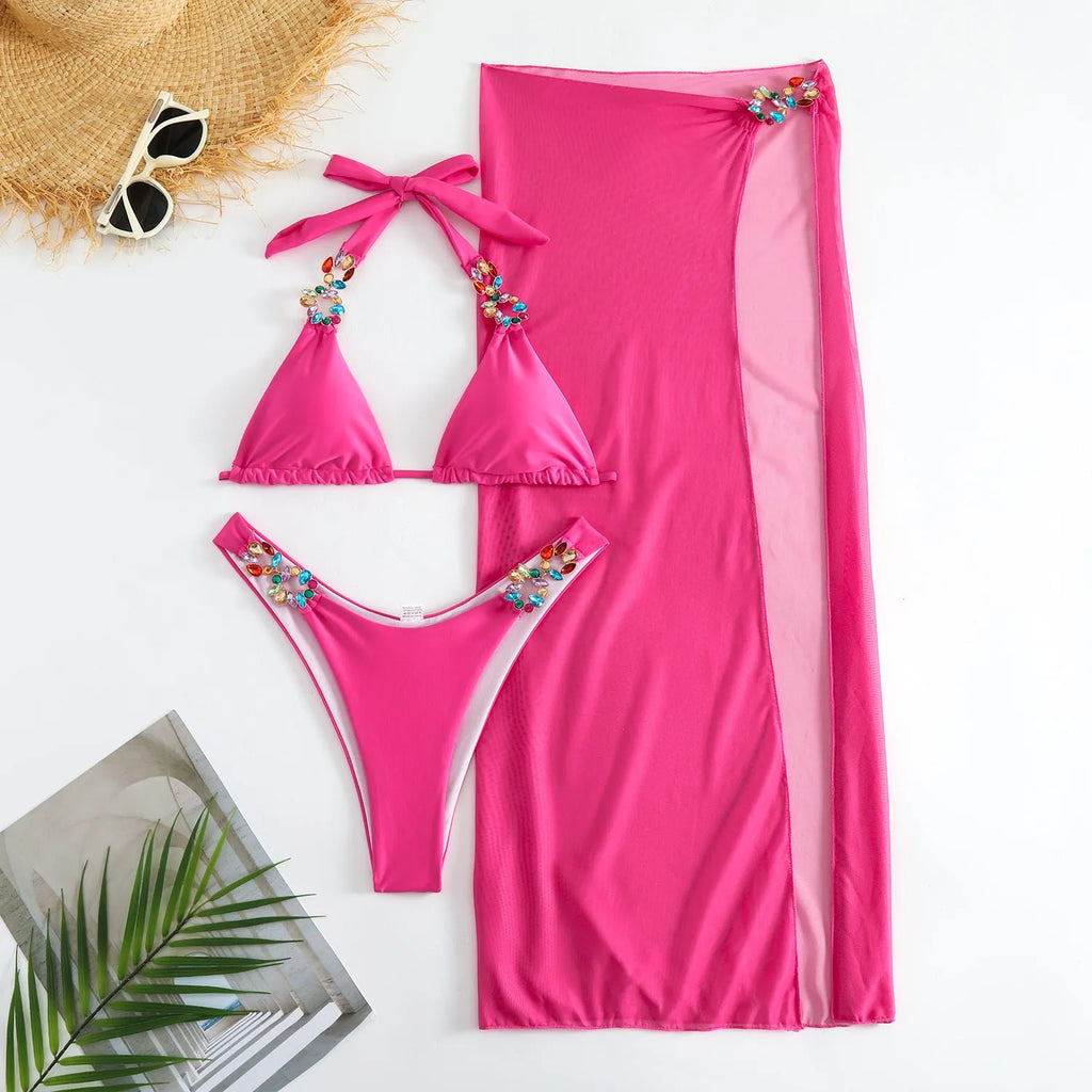 Three-piece bikini set with long mesh skirt in Rose Red or Yellow featuring light diamond pattern