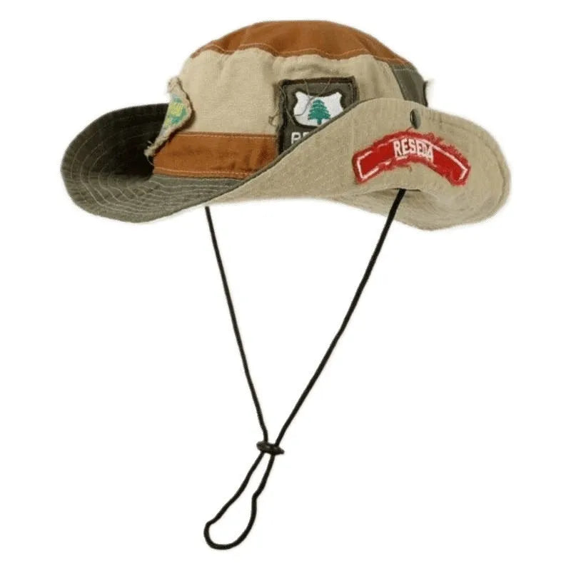 Army green cotton fisherman hat with retro patchwork details and flat top crown for summer sun protection