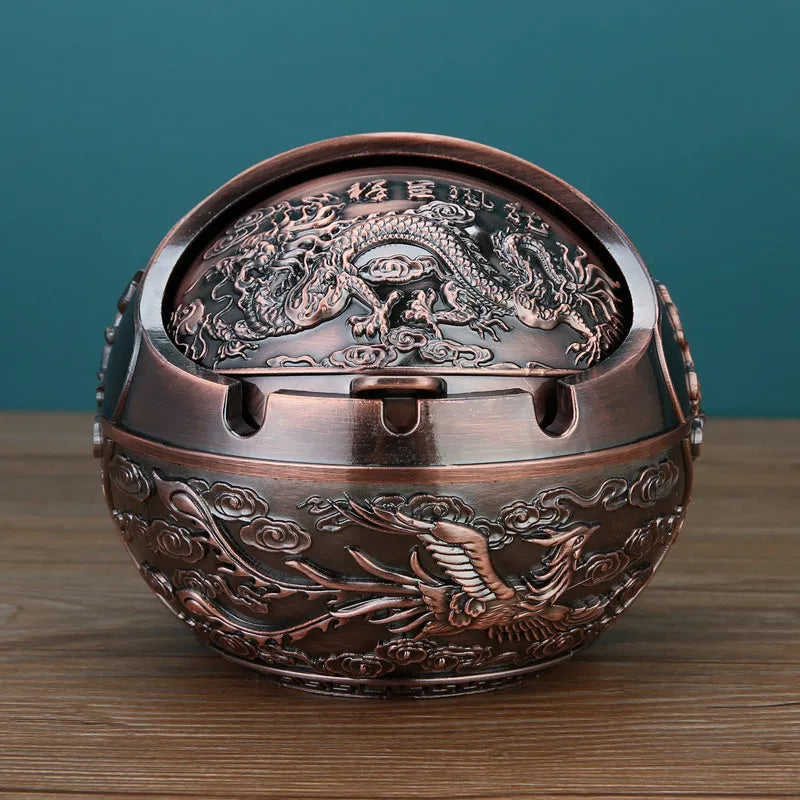 Bronze decorative ashtray with smoke extinguishing slot featuring traditional dragon design