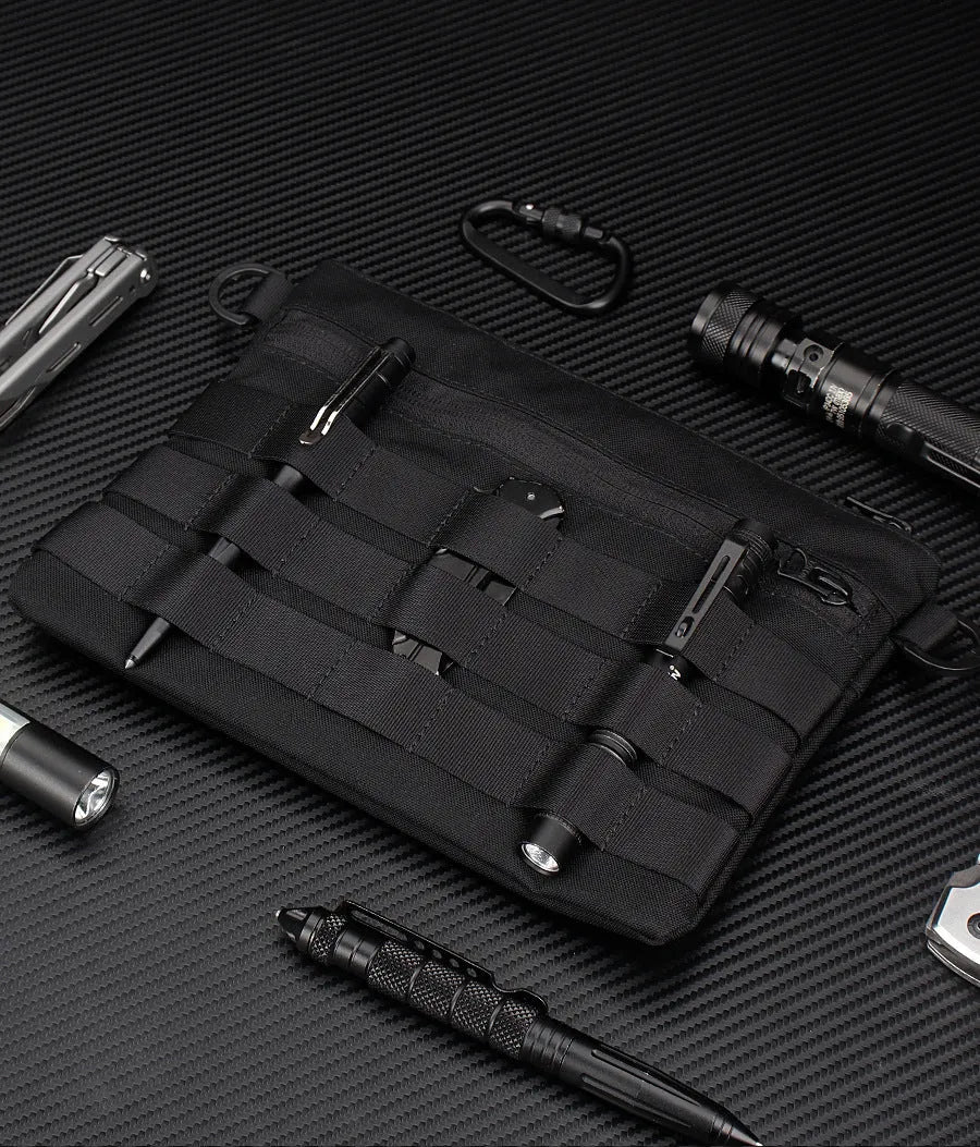Black multifunctional outdoor kit made of Oxford cloth, measuring 18cm x 3.5cm, designed for military and camping use.