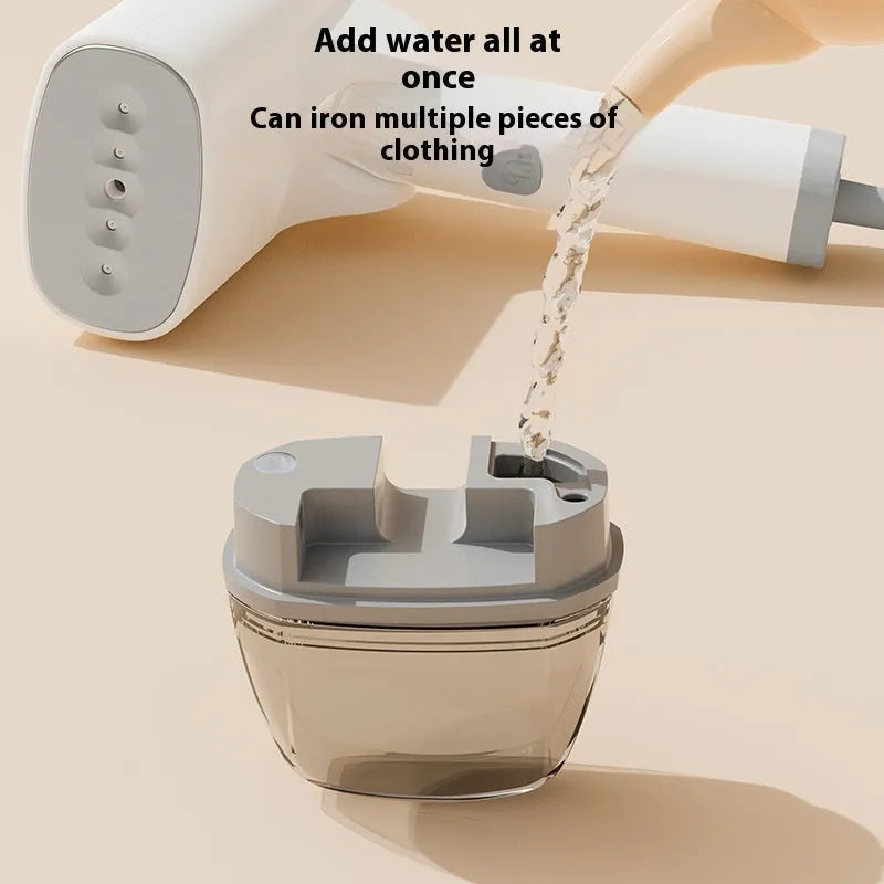 Handheld garment steamer in white or blue with compact design and water tank