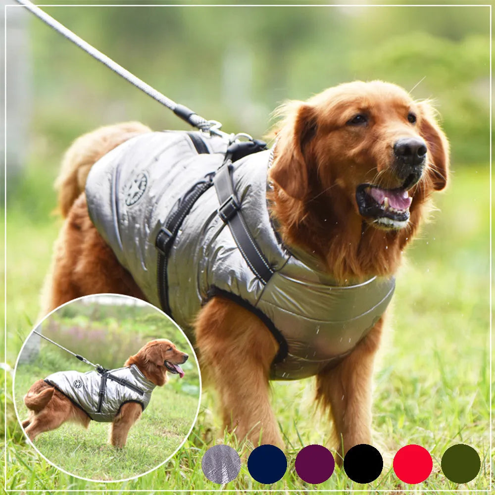 Waterproof dog coat with integrated harness in rain silk fabric, available in multiple colours and sizes