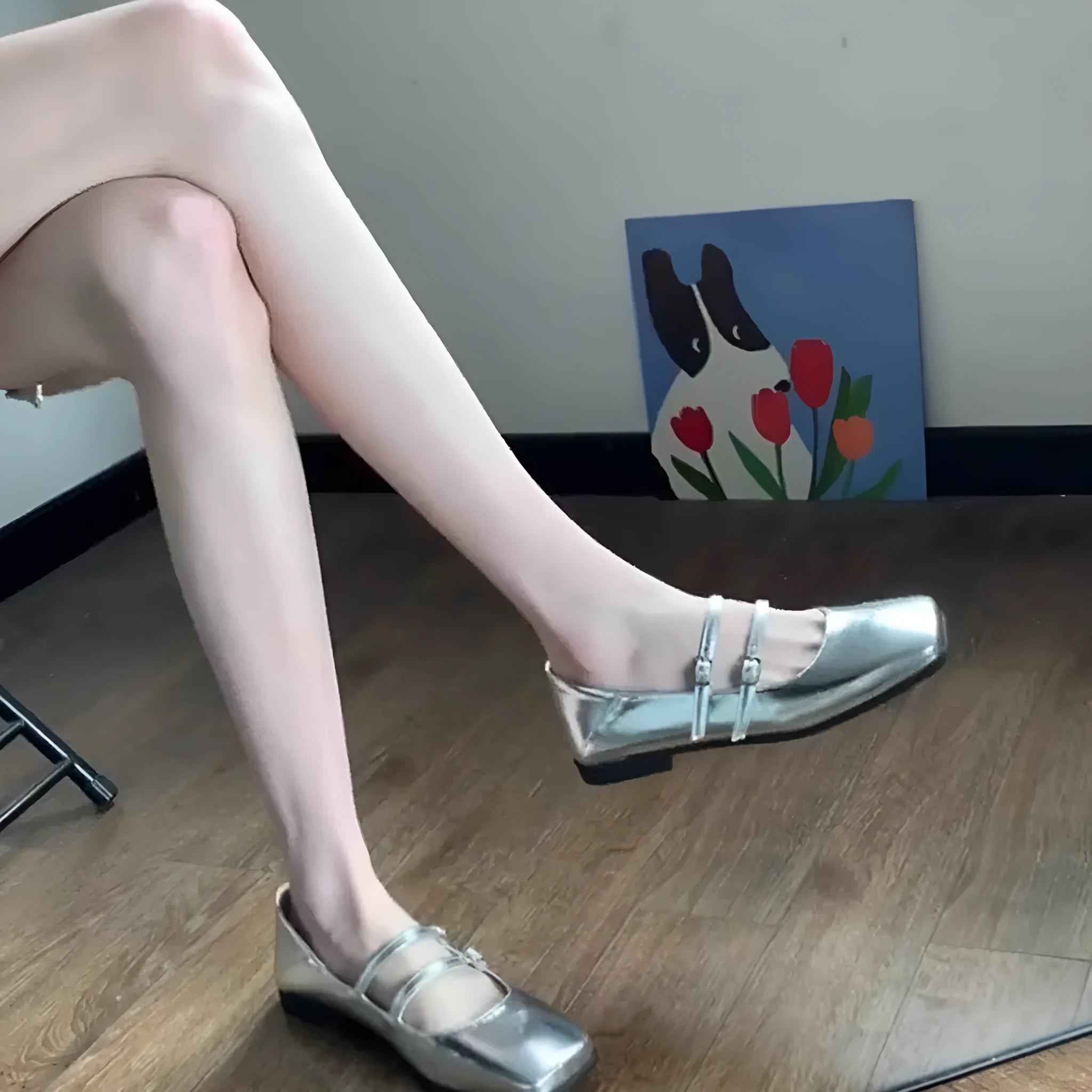Silver genuine leather women's Mary Jane flats with cross buckle strap and low flat heel.