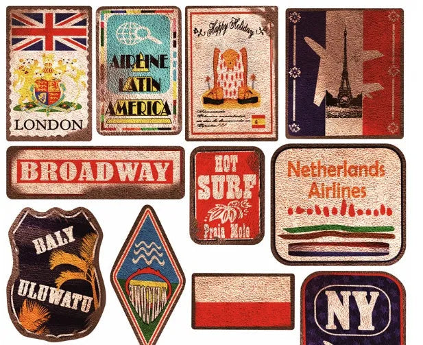 Set of 36 retro-themed beach and surfing stickers in various sizes from 6cm to 10cm on a matte PVC background.