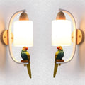 Bird wall lamp with iron and wood body, glass shade, spray-painted finish, 42x21x12cm