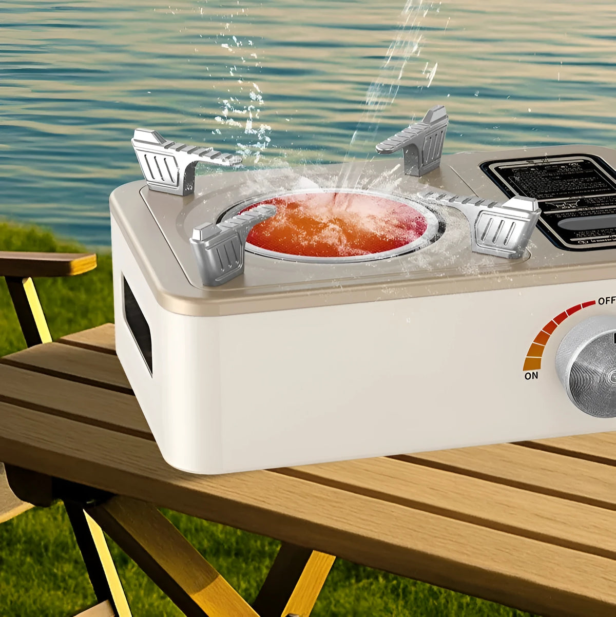 White stainless steel portable infrared gas stove for outdoor camping and picnics.