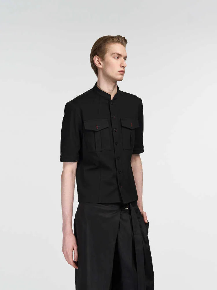 Black handmade loose fit half sleeve hunting shirt with a shirt collar.