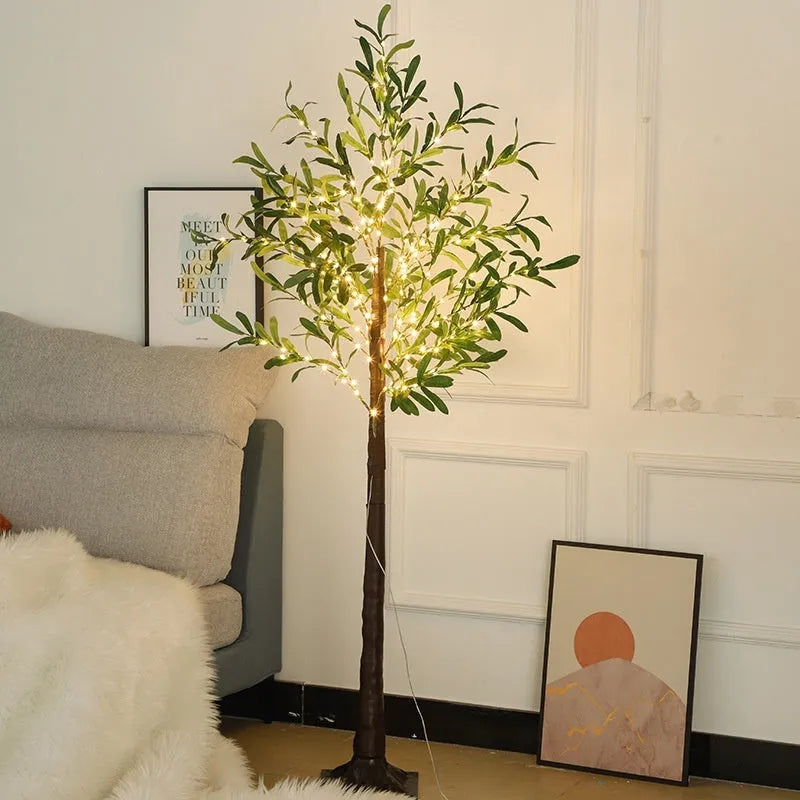 1.8 metre tall simulation olive leaf tree lamp with warm white LED lights illuminating olive branches for courtyard decoration