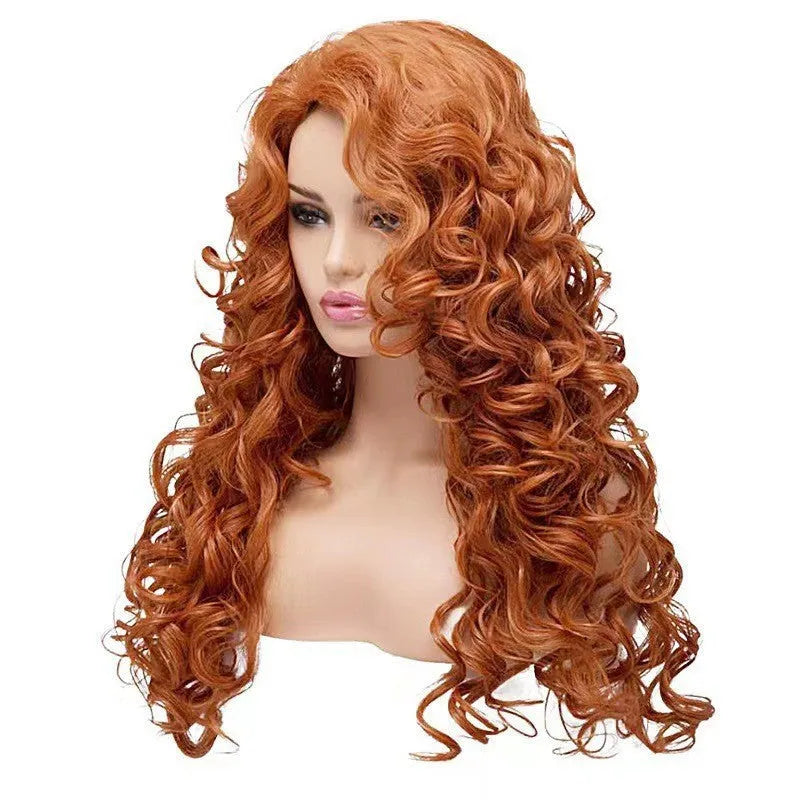 Brown long wavy curly wig made of high temperature fiber with fluffy natural body texture