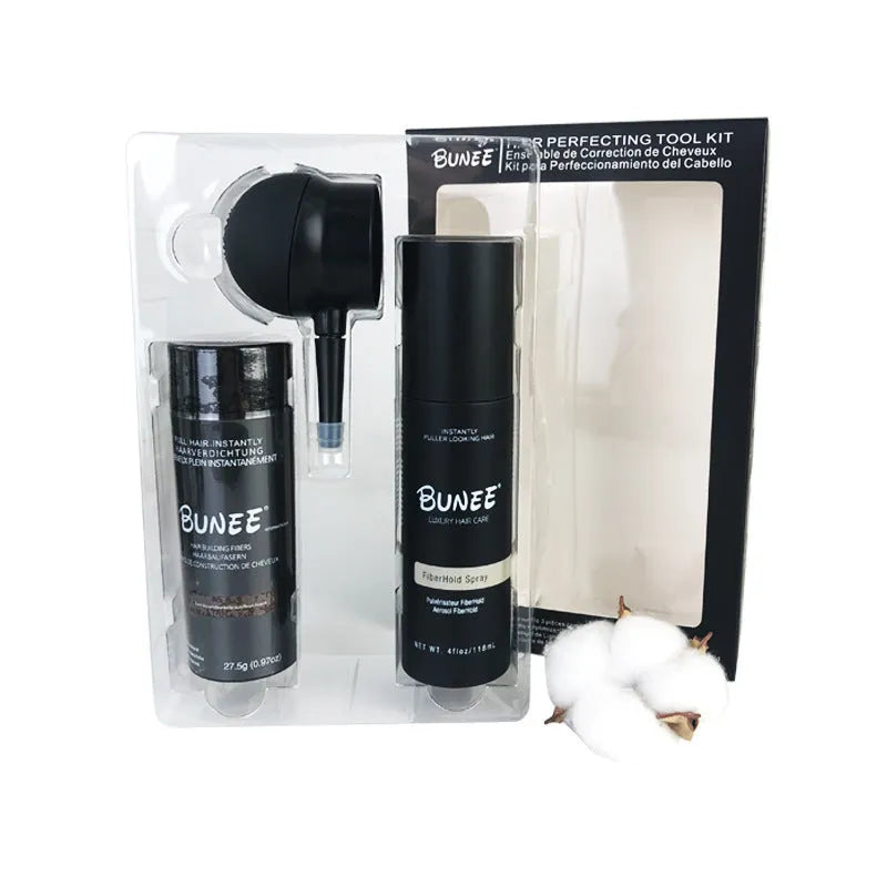 Hair fibre powder 275g three-piece kit with styling spray and nozzle for sparse hair.